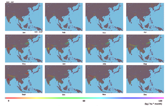図2　アジアの水田の農事暦地図から作成されたメタンガス発生量の推定結果